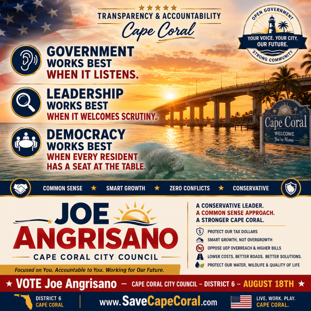 VOTE JOE ANGRISANO CITY COUNCIL DISTRICT 6 CAPE CORAL FLORIDA